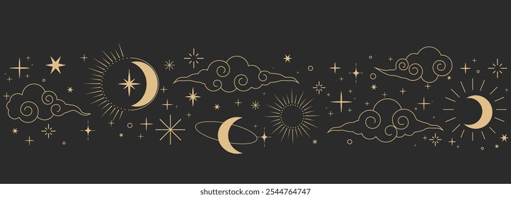 Celestial seamless border, witch spiritual decoration with asian clouds moon, sun burst and stars. line astrology pattern, minimal geometric background.