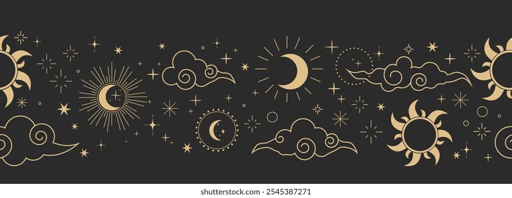 Fronteira sem emenda celestial, decoração espiritual bruxa com nuvens asiáticas lua, sol e estrelas. padrão astrologia linha, fundo geométrico mínimo.