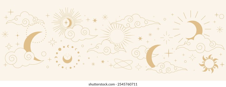 Celestial seamless border, witch spiritual decoration with asian clouds moon, sun burst and stars. line astrology pattern, minimal geometric background.