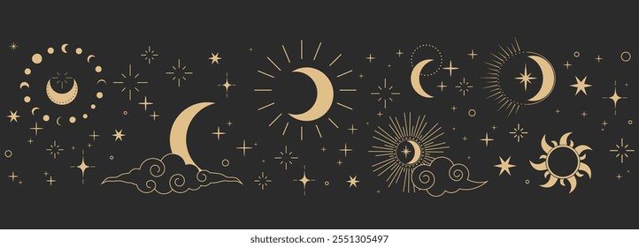 Celestial seamless border, witch spiritual decoration with asian clouds moon, sun burst and stars. line astrology pattern, minimal geometric background.