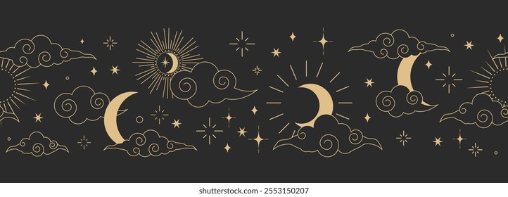 Celestial seamless border, witch spiritual decoration with asian clouds moon, sun burst and stars. line astrology pattern, minimal geometric background.