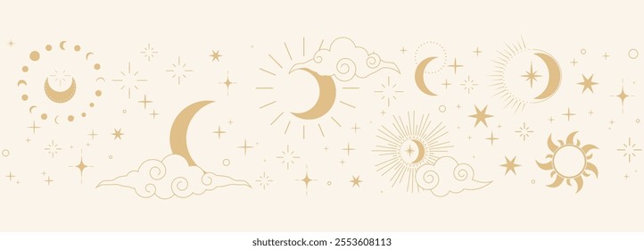 Celestial seamless border, witch spiritual decoration with asian clouds moon, sun burst and stars. line astrology pattern, minimal geometric background.