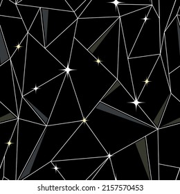 Celestial seamless pattern. Black starry sky, geometric lines. Stylish modern celestial print with stars for fabric and textile, astrological background. Abstract constellations in dark night sky.