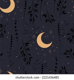 Celestial seamless pattern. Boho magic background with space elements stars, crescent and herbs. Vector doodle texture.