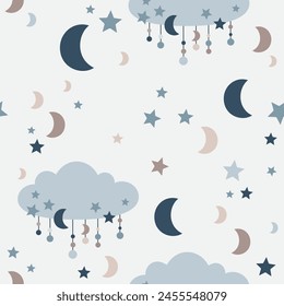 Patrón celeste sin fisuras con nubes, luna y estrellas en estilo plano. Papel digital de bebé boho. Patrón de Vector dibujado a mano