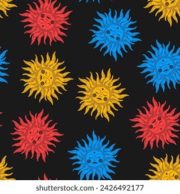 Celestial seamless pattern with colorful sun
