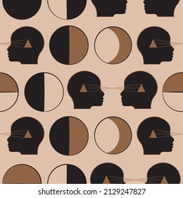 Celestial Seamless Pattern Design with Human Energy Flow Illustration in Vector Featuring Human Head and Crescent Moon.