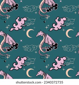 Celestial seamless pattern with dragon. Sky alchemy.