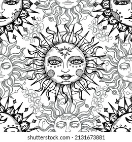 Celestial seamless pattern with fantasy mystic symbols and signs of sun and moon. Hand drawn vector illustrations with esoteric, occult and gothic concept