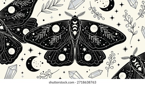 Patrón celestial sin fisuras con intrincadas polillas negras, cristales, lunas en media luna y Elementos botánicos sobre un fondo crema claro.
