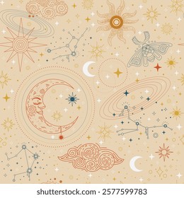 Celestial seamless pattern, hand drawn spiritual background in trendy colors, moon, sun, stars, space, plants. Vector illustration. Boho mystical esoteric design. For textiles, wallpapers, surfaces.