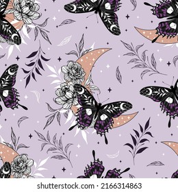 Celestial seamless pattern with herbs. Boho magic background with purple space elements stars, butterflies. Vector doodle texture.