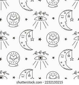 Fondo celestial de textura mística lunar sin fisuras con ojos mágicos y bolas de cristal. Estilo bonito escandinavo vintage. Decoración de guardería.