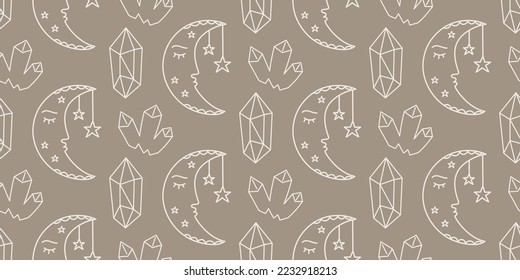 Celestial seamless pattern lunar mystic texture background with gems crystals. Scandinavian Vintage cute style. Nursery decor.