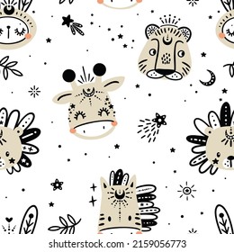 Celestial seamless pattern, moon child illustration, baby animals