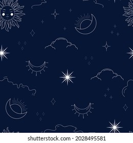 Celestial seamless pattern with mystic sun and moon