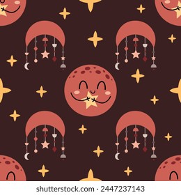 Celestial Seamless pattern with planet, moon, stars in cartoon flat style. Boho baby digital paper perfect for scrapbook paper, decor, background, fabric. Hand drawn vector pattern