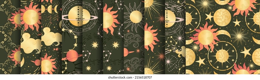 Celestial seamless pattern set with sun, moon and stars. Magic astrology in boho vintage style. Mystical pagan golden sun with planets and moon phases. Vector illustration.