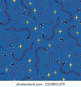 Celestial seamless pattern with snakes and stars on blue background. Perfect for wallpaper, gift paper, seasonal greeting cards. Vector illustration