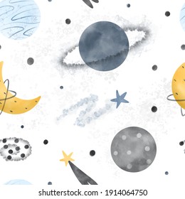 Celestial Seamless Pattern With Space Elements: Moon, Planets, Stars, Constellations, Galaxies. Hand Drawn Watercolor Scandinavian Style Vector Illustration Isolated On White Background.