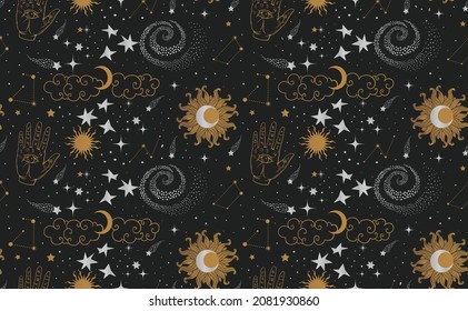 celestial seamless pattern with sun, moon, stars, galaxies, constellations, hand, comets