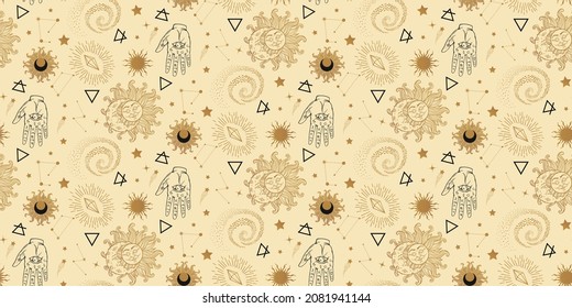 celestial seamless pattern with sun, moon, stars, galaxies, constellations, hand, comets