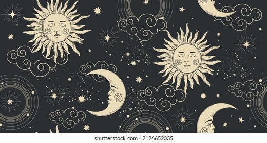 Celestial seamless pattern with sun and moon face, clouds and stars on the black night sky. Pattern for tarot, astrology, vector boho background for the zodiac. Wallpaper, wrapping paper for scrapbook