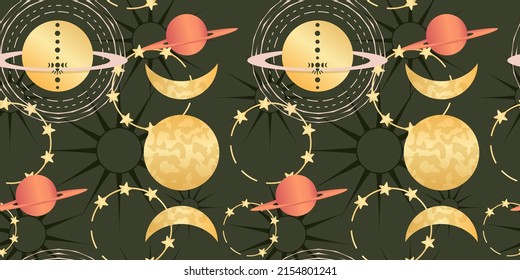 Celestial seamless pattern with sun, moon and stars. Magic astrology in boho vintage style. Mystical pagan golden sun with planets and moon phases. Vector illustration.