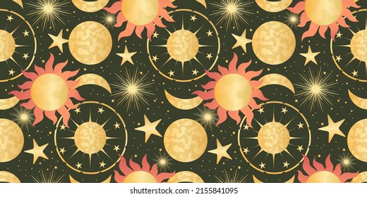 Patrón celestial sin fisuras con sol, luna y estrellas. Astrología mágica en estilo boho vintage. Sol dorado místico pagano con planetas y fases lunares. Ilustración del vector