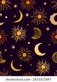 celestial seamless pattern with suns moons and stars on a dark background for spiritual and bohemian designs