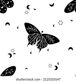 Celestial seamless pattern vector. Constellation mystic pattern design. Whale, butterfly bohemian textile design