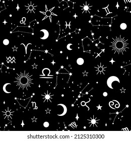 Celestial seamless pattern vector. Constellation mystic pattern design. Whale, butterfly bohemian textile design