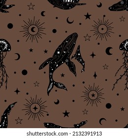 Celestial seamless pattern vector. Constellation mystic pattern design. Whale, butterfly bohemian textile design