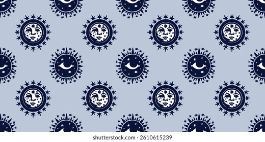 Celestial Seamless Pattern – Vintage Sun and Moon Faces with Stars in Blue and White for Astrology, Boho, and Cosmic Vector Design