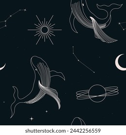 Celestial seamless pattern with whale, stars and constellations. modern design for textile, package, wallpaper and more