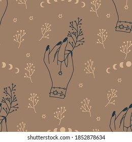 Patrón celestial sin fisuras con la mano de la mujer y el brunch. Huella mística de hembras florales con huella bohemia. Ilustración de la línea Boho.