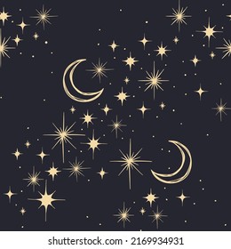 Celestial seamless vector pattern with constellations, moons and stars. Gold decorative ornament. Graphic pattern for astrology, esoteric, tarot, mystic and magic. Magic seamless pattern.