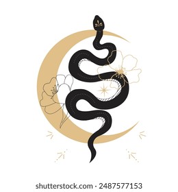 Celestial serpent snake, esoteric tarot or tattoo mystery sacred symbol with gold moon and line flower. Linocut style boho. Occultism and religion, sacred rites and sacrifice. Reptile