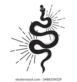 Celestial serpent snake, esoteric tarot or tattoo mystery sacred symbol. Linocut style boho. Occultism and religion, sacred rites and sacrifice. Reptile