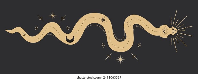 Celestial serpent snake, esoteric tarot or tattoo mystery sacred symbol. Linocut style boho. Occultism and religion, sacred rites and sacrifice. Reptile