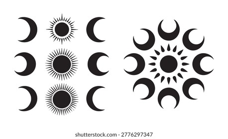 Celestial set featuring sun rays and moon phases arranged in circular patterns for cosmic design.