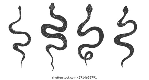 Celestial set kundalini snake magic line tattoo. Boho mystic snake with moon stars. Black serpent silhouette.symbol of spiritual awakening, vitality and inner peace.