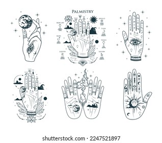 Celestial set of six palms with chiromancy lines and esoteric elements.  Hand drawn symbol  of prediction, fortune telling. Magic mystic vector illustration isolated on white background.