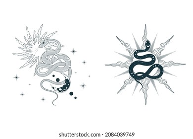 Celestial set with snakes, stars, moon and sun. Mystical and spiritual witchy prints for t-shirt design, tattoo,  fabric, cards and covers.