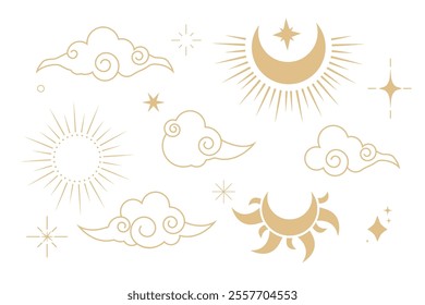 Celestial set witch spiritual decoration with asian clouds moon, sun burst and stars. line astrology pattern, minimal geometric background.