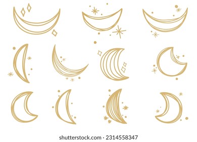 Celestial shiny star crescent moon swoosh wish sparkling exploding silhouette sparkling doodle  Stars hand drawn in simple, minimalist style, wedding invitations, card, birthday wish collection set