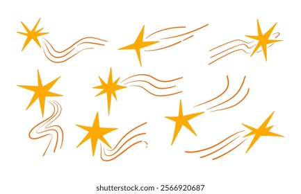 Celestial Shooting Star Collection with Trail. A collection of 8 shooting stars featuring vibrant orange trails and dynamic designs, perfect for celestial-themed projects