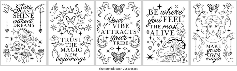 Celestial silhouette alchemy vintage prints for t-shirt, tee.Sacred vector posters with inspirational slogans.Monohrom, two colors- black and white set. Frames with quotes and line art boho elements 