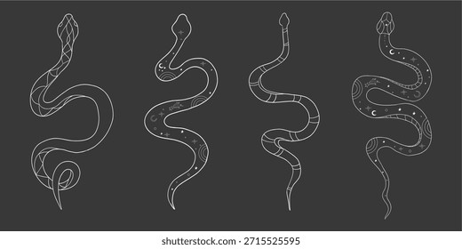 Celestial silver kundalini snake magic line tattoo set. Boho mystic snake with moon stars. Black serpent silhouette.symbol of spiritual awakening, vitality and inner peace.