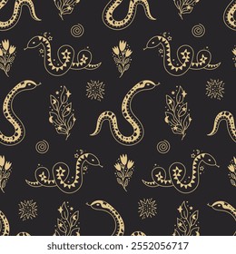 Celestial Snake and Flowers Doodle Seamless Pattern. Sacred animals stars branches twigs background with line art elements black and gold colors. Esoteric vector illustration